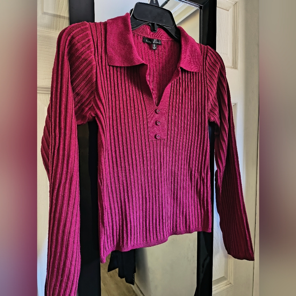 Ribbed V-Neck Polo Sweater in Berry